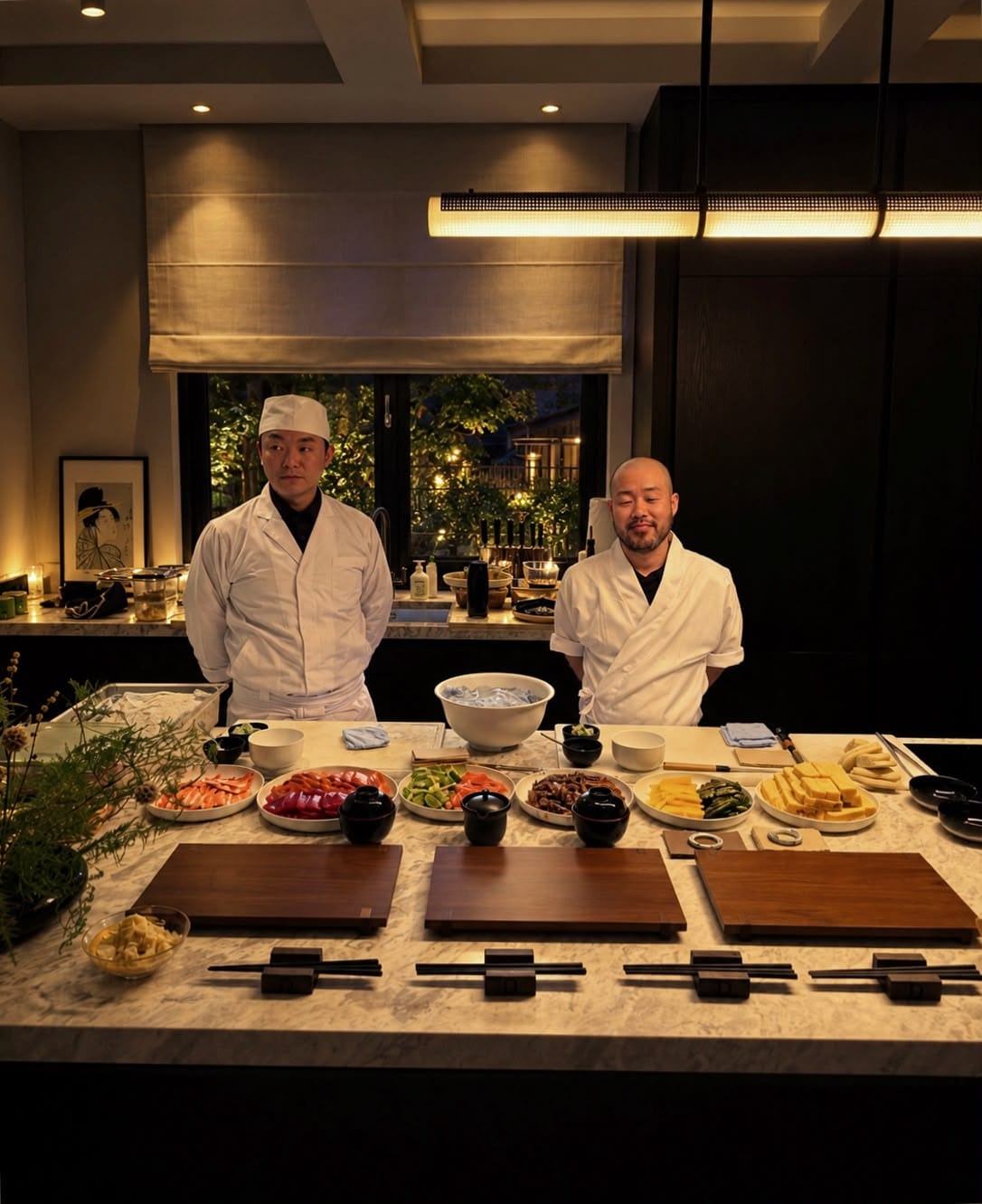 Stanowisko sushi przygotowane do kolacji